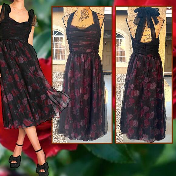 Lulus Striking Scene Black Floral Mesh Ruched Tie-Strap Midi Dress Size XL - Picture 1 of 11